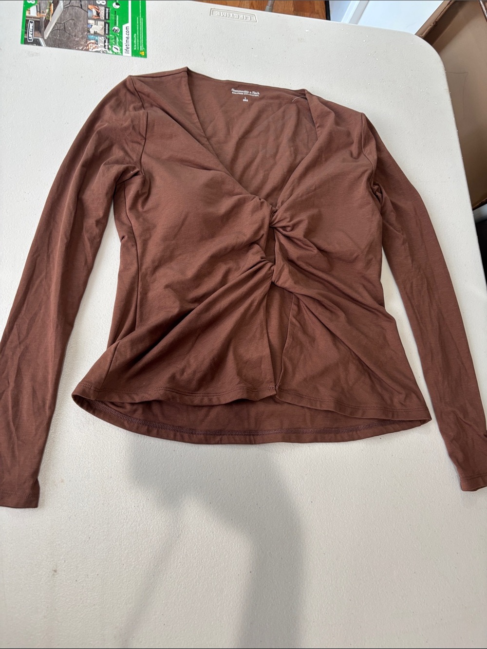 Abercrombie & Fitch Brown Ruched Twist-Front Long Sleeve Top